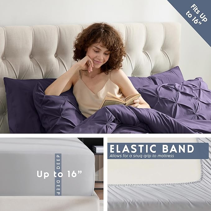 Nestl All Season Comforter Set and Bedding - Purple, 7 Piece - Pinch Pleated, Bags for Full Size Bed, Sheets, Comforter, Pillowcases, Shams