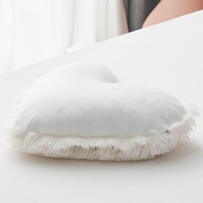 MOOWOO Plush Fluffy Heart Pillow, Fuzzy Throw Pillows for Mom Gifts,Solid Color, Zipper Close Decorative Throw Pillow for Valentines Day (White)