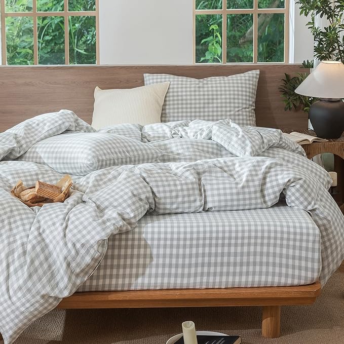 MooMee Gingham Duvet Cover Set 100% Washed Cotton Linen Like Textured Breathable Durable Soft Comfy Modern Checkered Design (Northern Droplet Grey Gingham, Full 80"x90")