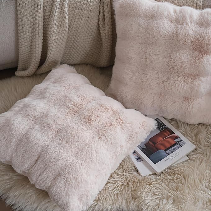 Neelvin Beige Faux Fur Cozy Soft Double-Sided Decorative Throw Pillow Covers 18x18 inch Set of 2,Velvet Pillowcase Cushion Case for Sofa Couch