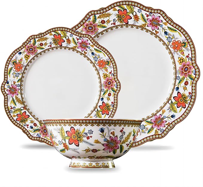 ACMLIFE Bone China Dinnerware Set for 4, 12-Piece Vintage Floral Dinnerware Set, Kitchen Plates and Bowls Set, Christmas Gifts for Women (Pink)