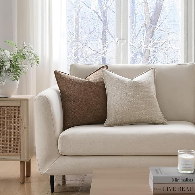Meekio Set of 2 Linen Beige Pillow Covers 18x18, Linen Look Throw Pillow Covers with Flange Edge for Sofa Couch Living Décor