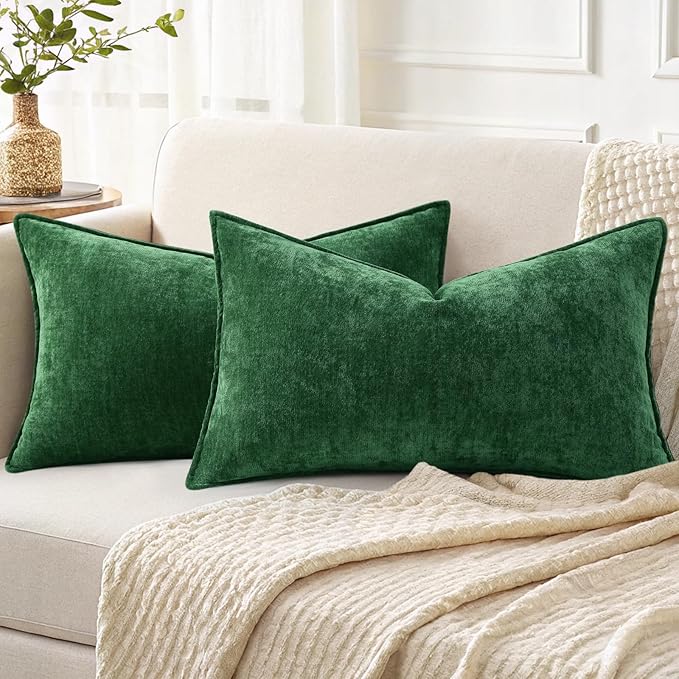 decorUhome Christmas Couch Throw Pillow Covers 12x20 Set of 2, Decorative Soft Euro Neutral Chenille Lumbar Pillow Covers with Elegant Design for Sofa Bed Living Room Home Decor, Green