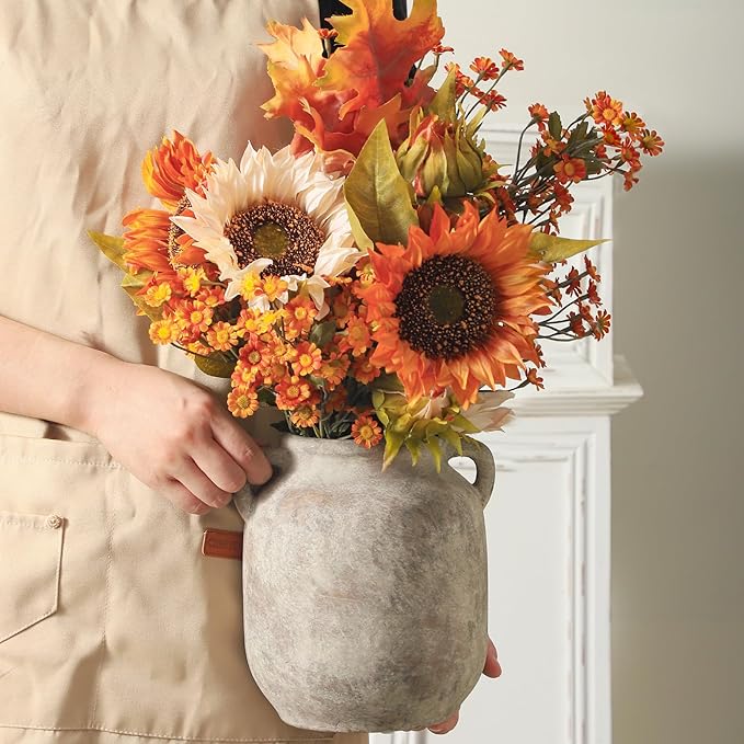 Ceramic Flower Vase Home Decor - 7.6 Inch Farmhouse Rustic Table Vases with Handle Living Room Decoration Decorative Vintage Pottery for Kitchen Shelf Coffee Dining Bookshelf Fireplace Centerpiece