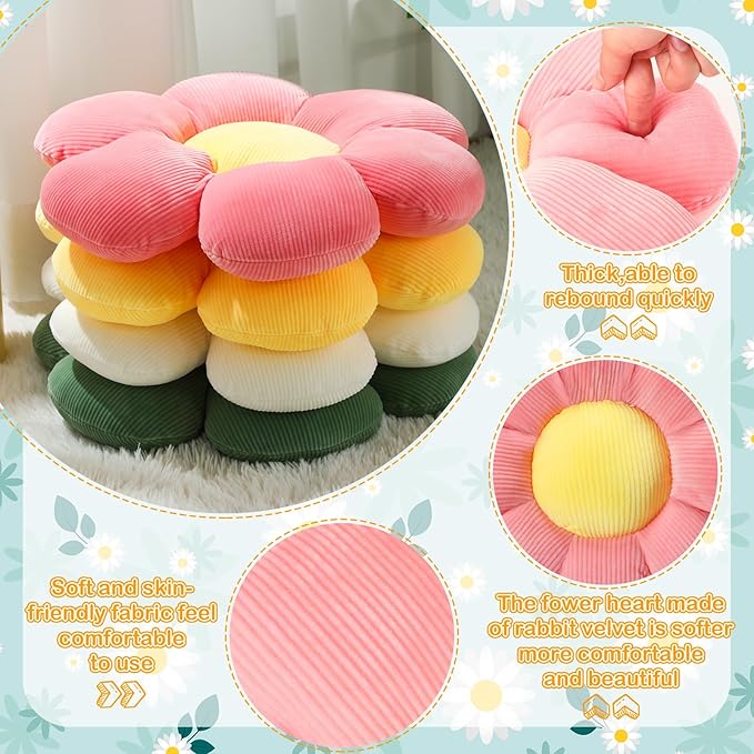 Coume 4 Pcs Flower Pillows 15" Cute Plush Flower Throw Pillows Daisy Floor Seat Cushion for Bed Sofa Couch Chair Classroom Corner Office Christmas Room Decor(Bright Colors)