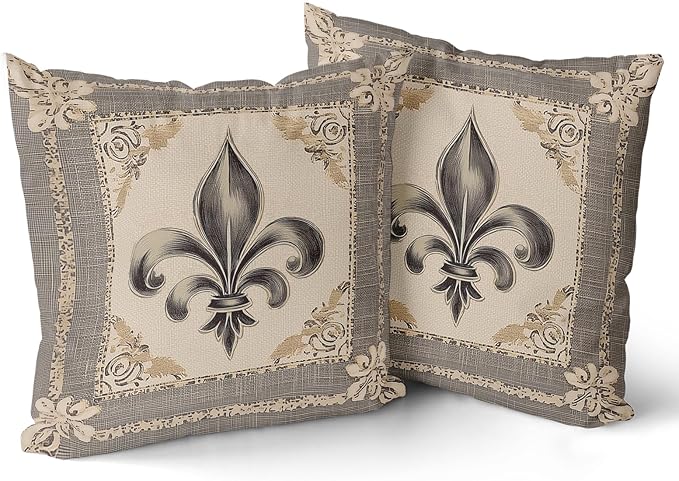 Giwawa Mardi Gras Throw Pillow Covers 16x16 Inches Vintage Country Style Fleur de Lis Print Decorative Pillow Cases Set of 2 Retro Soft Cotton Cushion Covers for Sofa Couch Bedding Holiday Decor