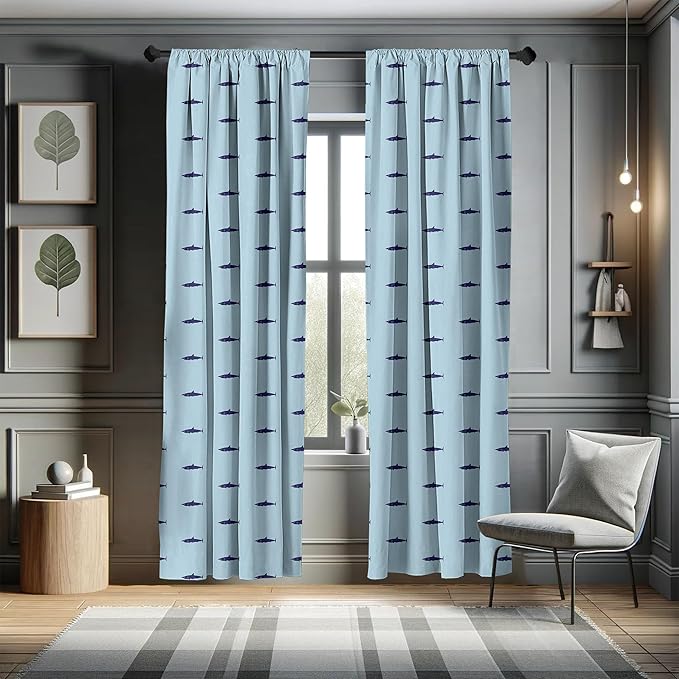 Ambesonne Shark Curtains, Ocean Life Pattern in Blue Shades Wildlife Under The Sea Saltwater Fauna, Window Treatments 2 Panel Set for Living Room Bedroom, Pair of - 28" x 63", Blue Navy