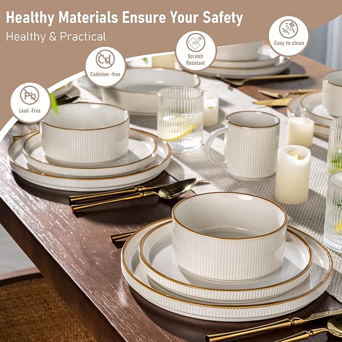 GBHOME Stoneware Dinnerware Sets for 6,Round Reactive Glaze Ceramic Plates and Bowls Set,Highly Scratch Resistant | Dishwasher & Microwave Safe Dishes Set,Service for 6(18Pcs)