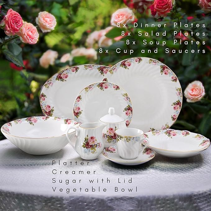 Lynns Paradise Philomena Floral 45-Piece Dinnerware Set | 24K Gold Trim | Embossed Swirl | Plates & Bowls Sets | Apartment Essentials | Home Kitchen Accessories | Floral Design