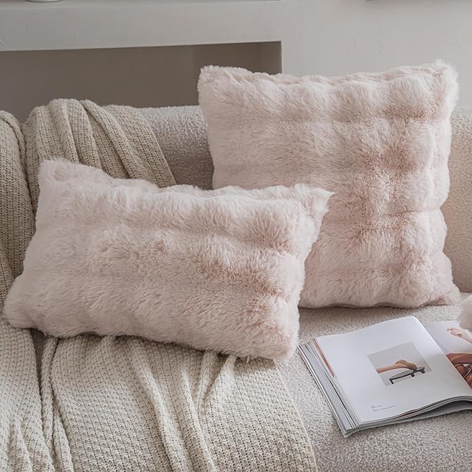 Neelvin Beige Faux Fur Cozy Soft Double-Sided Decorative Throw Pillow Covers 22x22 inch Set of 2,Velvet Pillowcase Cushion Case for Sofa Couch