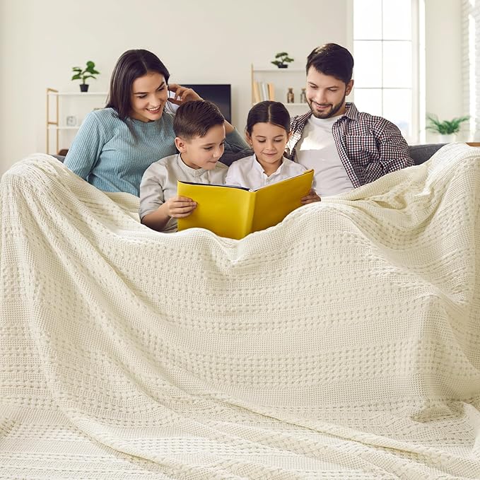PHF 100% Cotton Waffle Blanket Oversized King 120"x120", Lightweight Breathable Extra Large 10'x10' Blankets for Bed, Giant Big Luxury Aesthetic Woven Bedding for Home Decor, Cannoli Cream