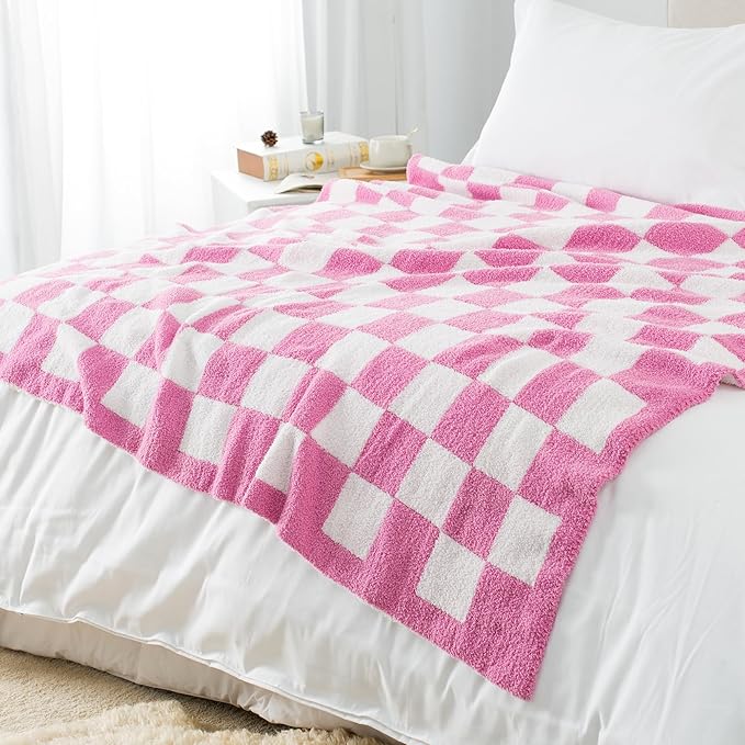 Carriediosa Checkered Throw Blanket 50" X 60", 400GSM Ultra Soft Microfiber Fuzzy Fluffy Reversible Cute Preppy Knitted Blankets Cozy Plush Fall Throws for Couch, Bed, Sofa, Hot Pink