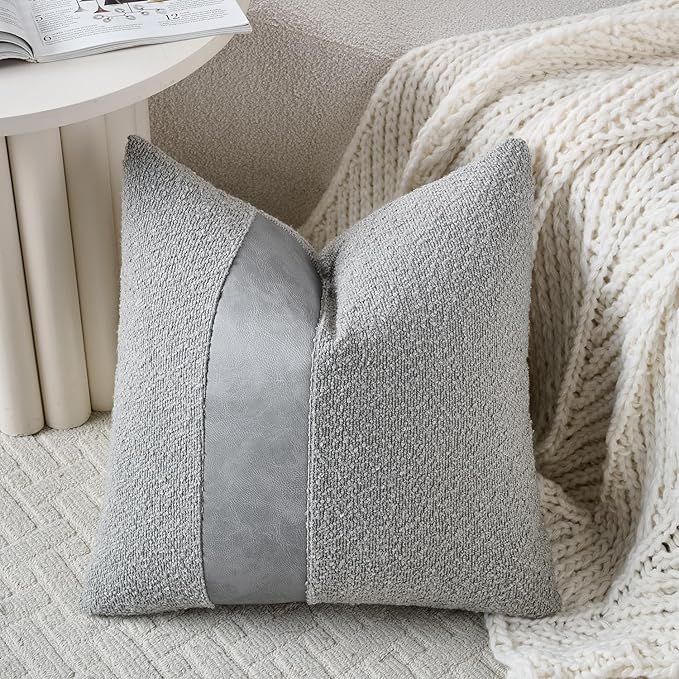 Pack of 2 Faux Leather Boucle Throw Pillow Covers 20"x20" Grey Chic Accents Textured Square Decorative Pillow Cases for Living Room Couch Bed Farmhouse Boho Home Decor