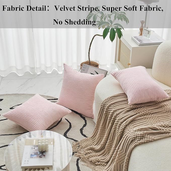 Home Brilliant Coral Throw Pillow 24x24 Pillow Covers for Room Large Euro Sham Super Soft Striped Velvet Couch Throw Pillow Cover for Wedding, 24 x 24 (60cm), Blush Pink