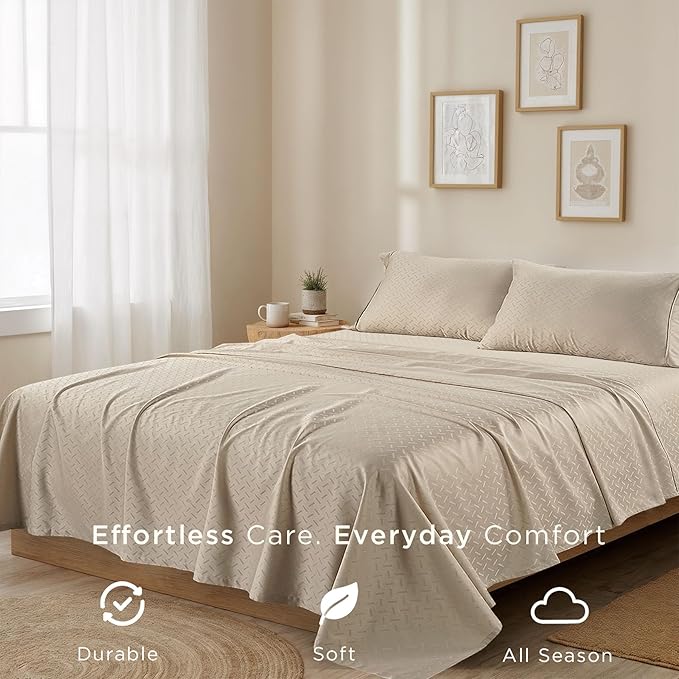 Threadmill Cotton Twin Sheet Set | 100% Cotton Sheets for Twin Size Bed | Damask Jacquard Sateen Bed Sheets Set with 16” Deep Pocket | Soft Breathable 3-Piece Cooling Sheet Set | Beige