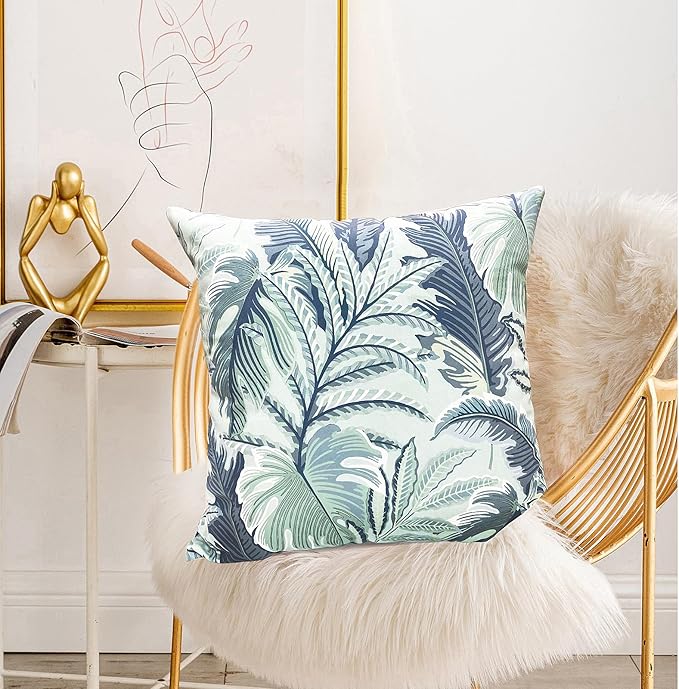 Decorative Throw Pillow Covers Set of 2 Blue Green Large Leaves Pillow Covers 18x18 inch Soft Short Plush Square Floral Throw Pillows,Farmhouse Outdoor Pillow Covers for Couch Living Room