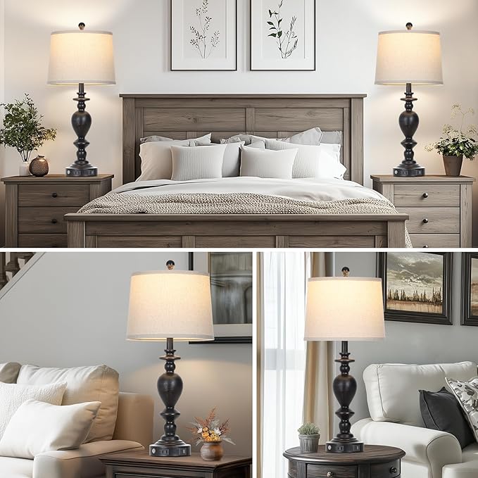 28" Black Farmhouse Table Lamps Set of 2 with USB C+A Ports & AC Outlet for Vintage Living Room Rustic Bedroom,3-Way Dimmable Touch Lamp Retro Resin Bedside Lamps for Nightstand Side Table