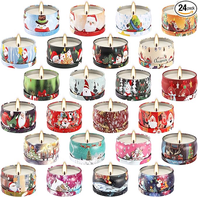 24Pack Christmas Scented Candle Tins Gift Set - Soy Wax Festive Aromatherapy Candles 2.5oz- Smokeless Long Lasting Burn time for Christmas Gifts Holiday Decor & Gifting.