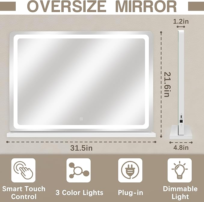 Vanity Mirror with Lights, 32" x 22" Large Lighted Vanity Mirror with Dimmable 3 Modes, LED Makeup Mirror, Touch Screen Control, USB Charging Port, Tabletop or Wall-Mounted