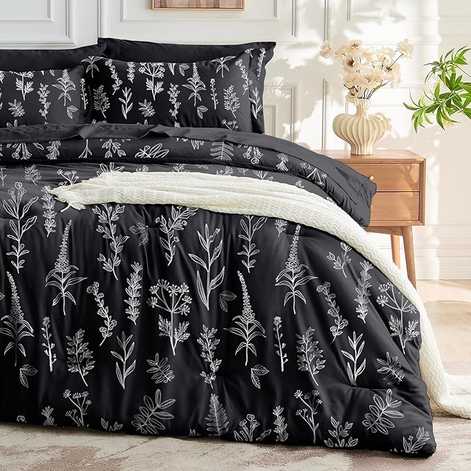 MUXHOMO Black King Comforter Set, Elegant Floral Print Bed in a Bag 7 Pieces, Ultra Soft & Breathable Reversible Botanical Pattern Bedding Set with Comforter, Sheets, Pillowcases, and Shams