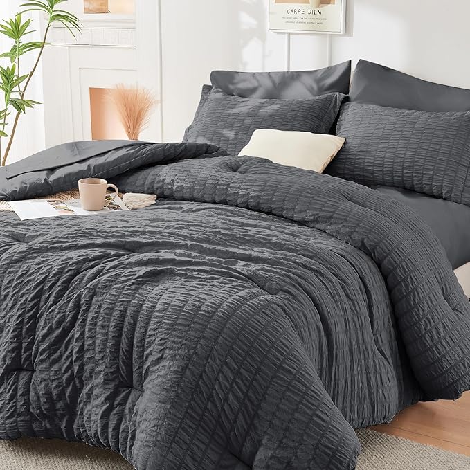 HYMOKEGE Oversized King Comforter Set Seersucker 7 Pieces, All Season Luxury Bed in a Bag for Bedroom, Bedding Set with Comforter, Sheets, Pillowcases & Shams, Dark Grey