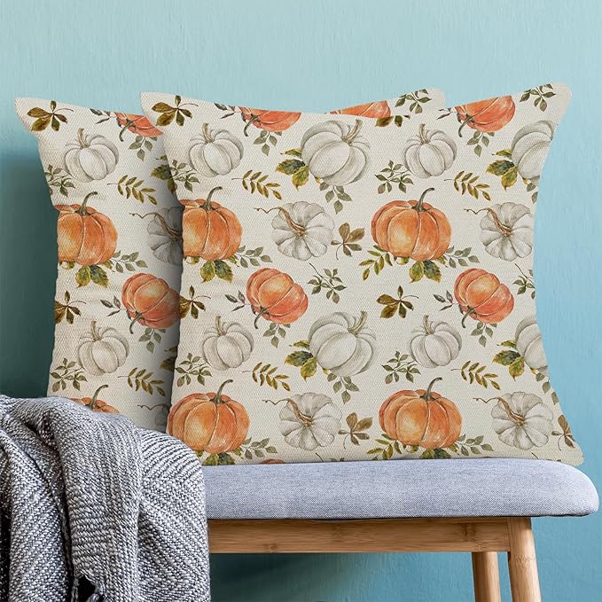 Fall Pillow Covers 18 x 18 Inch, Watercolor Burnt Orange Grey Pumpkin Leaf Decor Throw Pillows for Home Couch Bed, Autumn Harvest Thanksgiving Decorative Pillowcase Linen Cushion Cover Set of 2