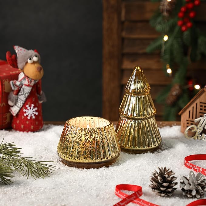 Christmas Tree Shaped Candle, Christmas Tree Scented Candles Gift, Tower Shaped Mercury Xmas Tree Candles, Winter Xmas Table Decorations Gold Tree Candle, 8oz