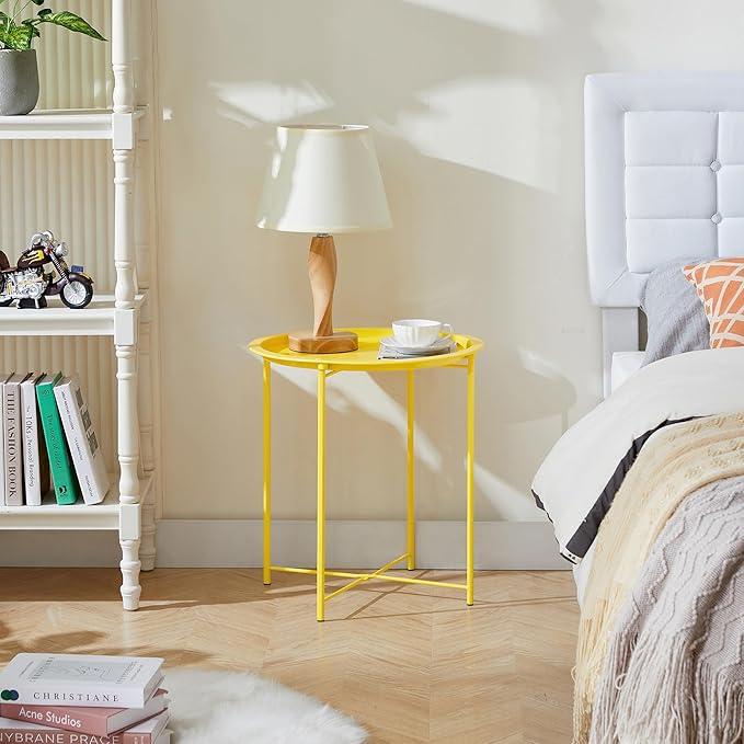 VECELO Side/End Table, Folding Round Metal Anti-Rust and Waterproof Outdoor or Indoor Tray for Living Room Bedroom Balcony and Office, 1 PCS,Yellow