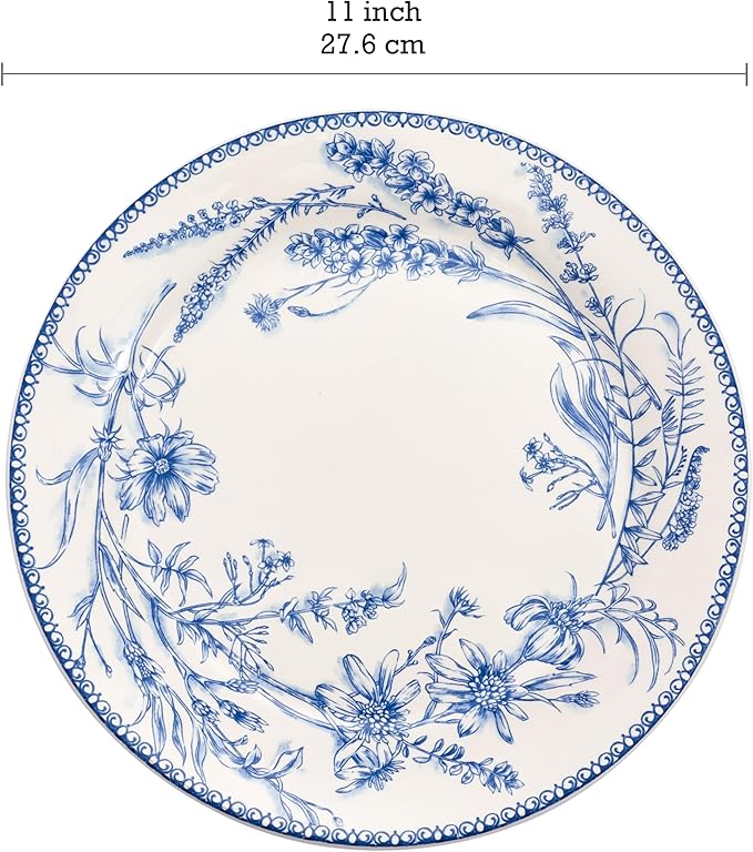 Bico Blue Garden Toile De Jouy Dinner Plates Set of 4, 11 Inch Large Ceramic Plates for Pasta, Steak, Stylish Serving Dishes, Microwave and Dishwasher Safe, Gift for Housewarming and Thanksgiving
