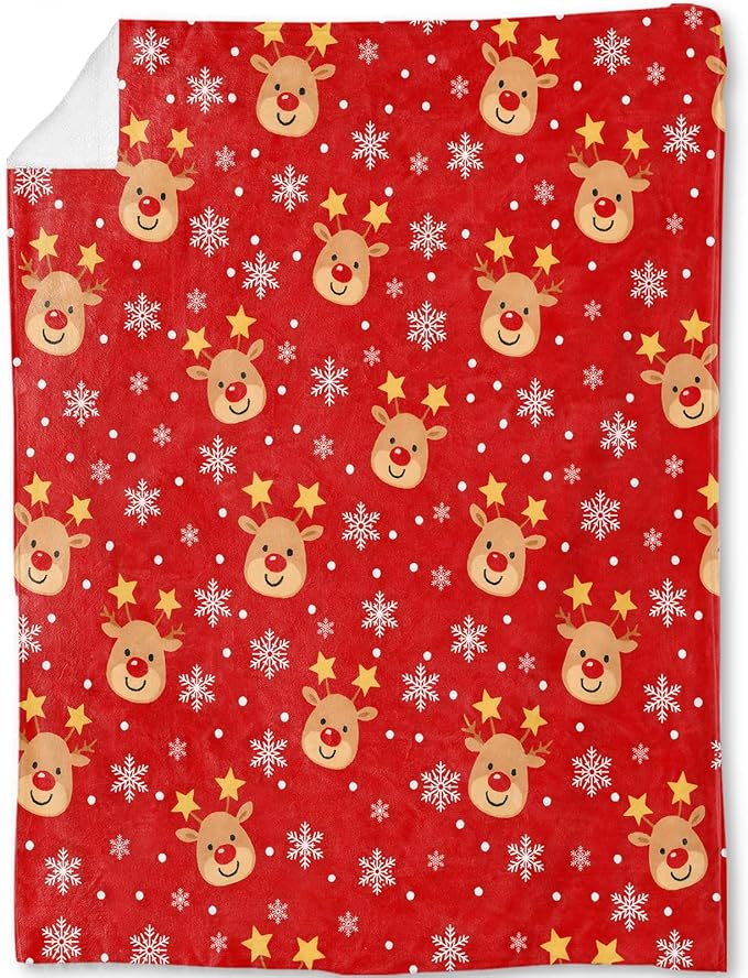 Cute Reindeer Christmas Decorative Throw Blanket, Snowflake Print Decoration, Soft Flannel Winter Red Blankets for Couch Bed Sofa, Holiday Home Decor, Xmas Festival Gifts 60x80 Inch
