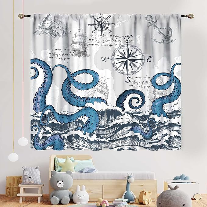Nautical Curtains, Coastal Old Pirate Map Sailboat Compass Anchor Vintage Ocean Kraken Octopus Tentacles Blue Marine Window Drapery Treatment for Bedroom Living Room Kitchen Bathroom, 42"x45" Inch