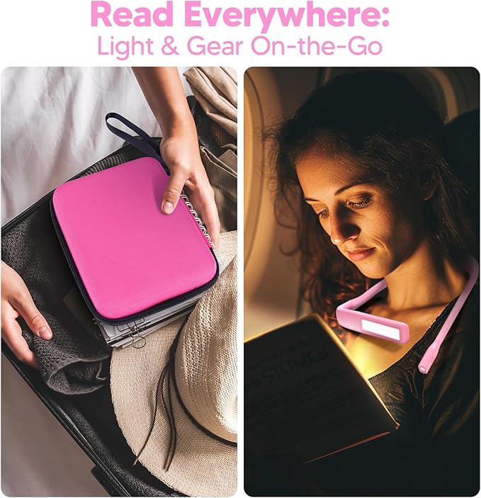 Pink Neck Light with Storage Case, 10-80Hrs Eye-friendly Book Reading Lamp, Knitting Crochet Sewing Craft Light Rechargeable Adjustable, Christmas Birthday Gifts for Book Lovers Knitters Crafters