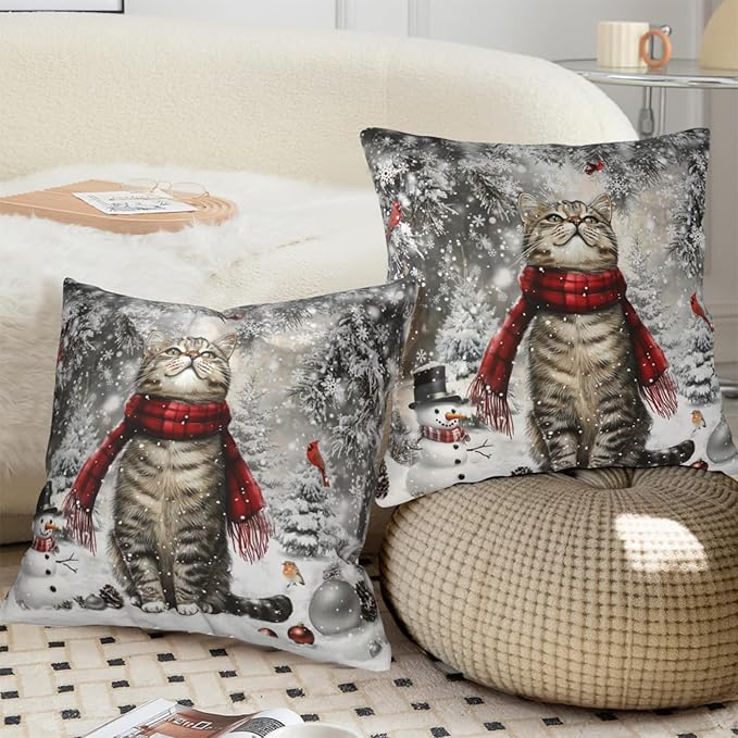 Cat Throw Pillow Covers - Winter Christmas Pillow Cover 20x20 Kitten Snowflake Cushion Cases Set of 2 for Home Porch