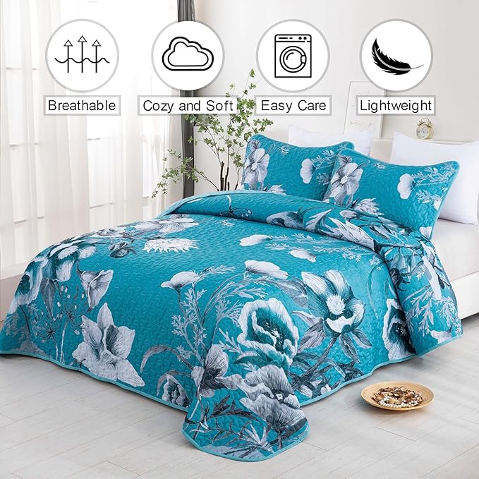 Floral Quilt Set Queen 3 Pieces Teal Blue Floral Quilt Coverlet Set Soft Microfiber Lightweight Teal Blue Quilted Bedspread for All Season 90"x96"