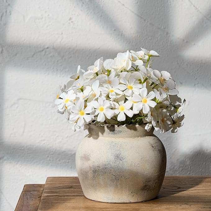 SIDUCAL Ceramic Flower Vase with Wide Mouth Lace, 5.1 Inch Pottery Rustic Farmhouse Boho Vases, Small Terracotta Vase for Home Decor, Table, Living Room, Bathroom, Shelf, Wedding, Terra