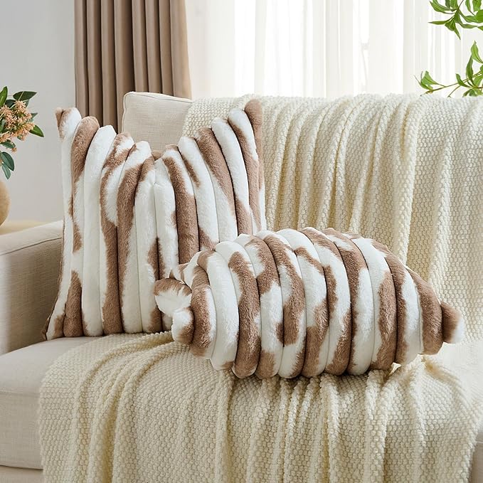FUTEI Brown Decorative Throw Pillow Covers 26x26 Inch Set of 2, Soft Tie-Dye Faux Rabbit Fur Striped Texture Euro Pillow Sham, Modern Home Decor for Couch Bed Living Room