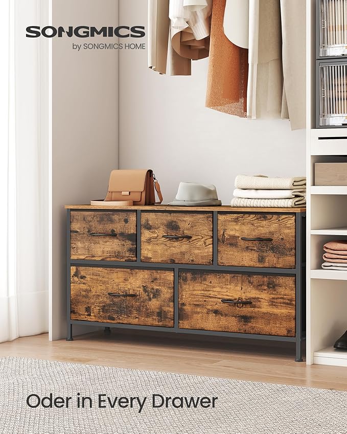 SONGMICS Dresser for Bedroom, Chest of Drawers, TV Stand, Steel, MDF, 5 Non-Woven Fabric Drawers, Storage Organizer Unit, Closet, Entryway, Rustic Brown and Ink Black ULGS322B02S