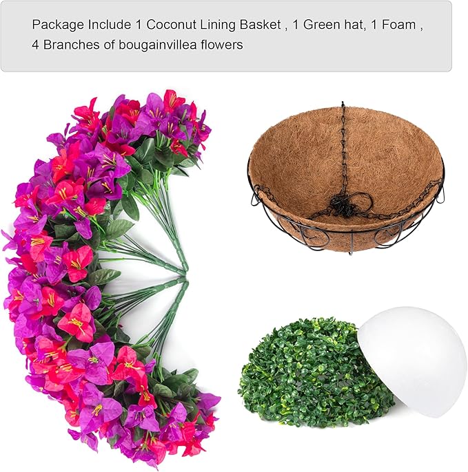 Artificial Hanging Flowers Plant with Basket for Outdoors, Fake Hanging Plants Silk Bougainvillea in Planter Look Real UV Resistant Faux Flower for Outside Porch Patio Garden Home Decor, PurpleHotpink