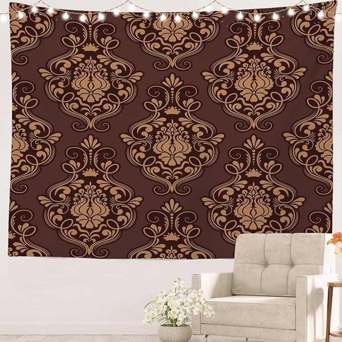 Batmerry Brown Damask Floral Tapestry, Vintage Golden Brown Damask Pattern Wall Art Hanging Decoration Polyester Fiber White Ruffled Around For Dorm Room Bedroom Living Room, 35 X 47 Inches