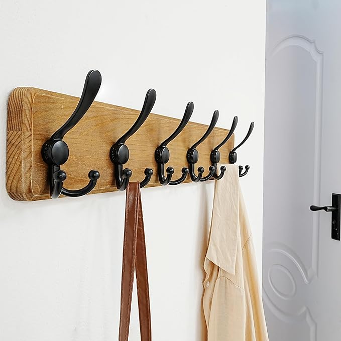 Dseap Coat Rack Wall Mounted - 24" Long 6 Tri Hooks, Heavy Duty Wooden Wall Coat Hanger Coat Hook for Clothes Hat Jacket Clothing, Weathered Brown and Black, Pack of 2