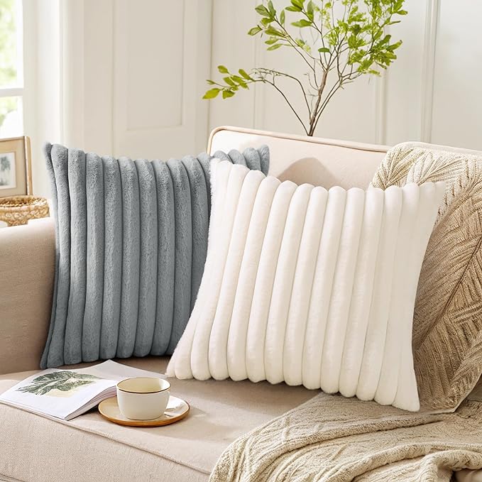 Pallene Faux Fur Plush Christmas Throw Pillow Covers 26x26 Set of 2, Luxury Soft Fluffy Striped Decorative Pillow Covers for Sofa, Couch, Living Room, Cream White