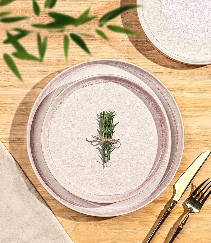 TheTerra Ceramic Dinnerware Sets for 8, 24 Pieces Porcelain Lightweight Speckled Plates and Bowls Sets, Scratch Resistant Dish Set, Oven & Microwave & Dishwasher Safe, Primrose Pink