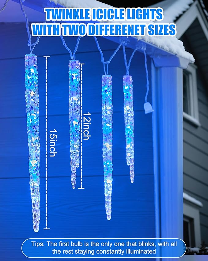 Minetom Icicle Lights Outdoor with Clips, 2 Pack Total 40ft 200 LED 40 Tubes Twinkling Connectable Hanging Ice Shape Christmas String Lights Plug in for Eave Holiday Outdoor, Blue and White