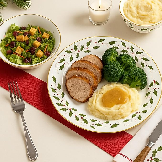 Gusto Buono Christmas World Porcelain 12Pcs Dinnerware Set – Red & Green Holly Leaf Design | 4 Cereal Bowls (5.5”), 4 Salad Plates (7.5”), 4 Dinner Plates (10.5”) - Perfect for Holiday Meals