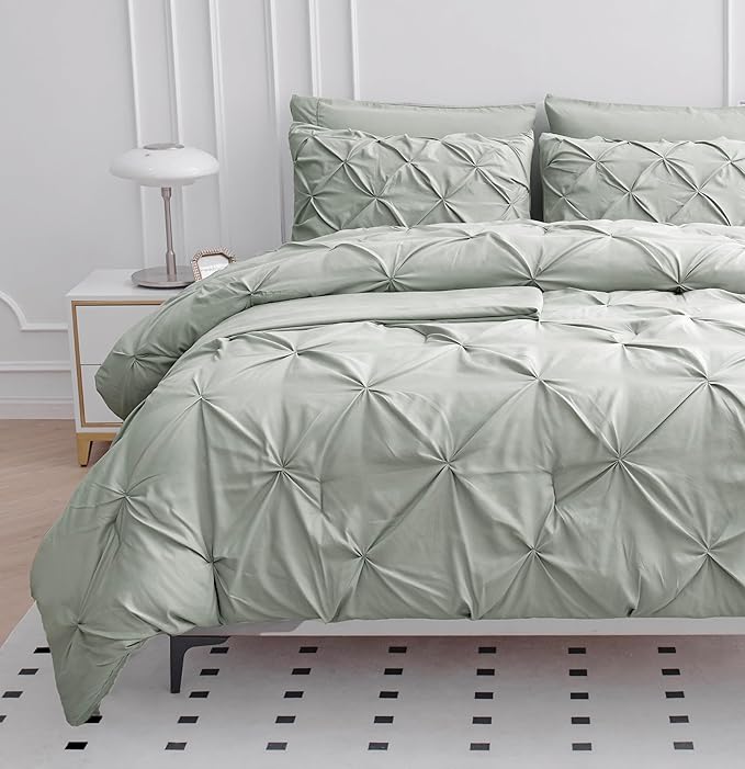 LANE LINEN Queen Comforter Set with Sheets, 7 Piece Set, Pintuck Comforter, Soft Bed Set, Bedding Comforter Sets, In-Bag Set - Mineral