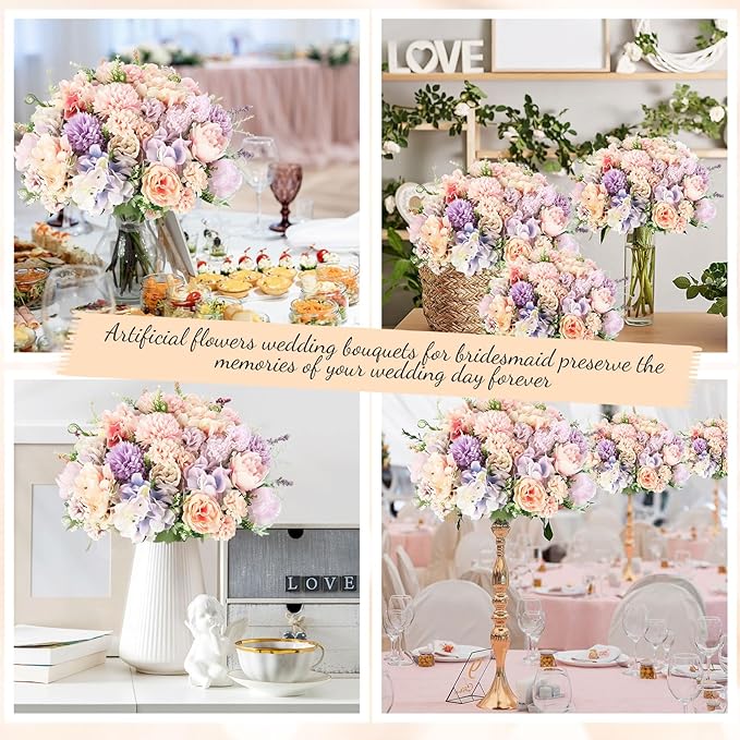 Tigeen Artificial Flowers Artificial Peonies Silk Flowers Faux Peony Fake Peony Silk Hydrangea Bouquet for Wedding Table Centerpiece Floral Vase Decor(Purple,Pink,6 Bundles)