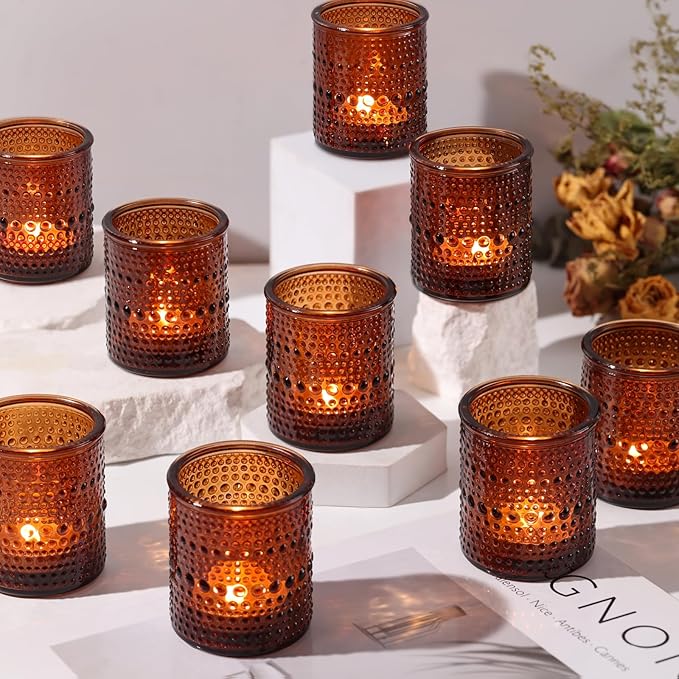 15Pcs Glass Votive Candle Holders, Amber Tea Light Candle Holders Vintage Fall Tealight Candle Holder Bulk for Autumn, Thanksgiving Table Centerpieces, Christmas Decor (Amber)