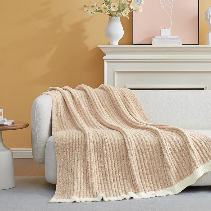 Snuggle Sac Luxury King Size Blanket for Bed, Cozy Soft Fuzzy Microfiber Knit Stripe Bedding Blankets, Beige, 108x90 inches