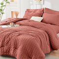 HYMOKEGE Coral Queen Comforter Set Seersucker 7 Pieces, All Season Luxury Bed in a Bag Queen for Bedroom, Bedding Set with Comforter, Sheets, Pillowcases & Shams