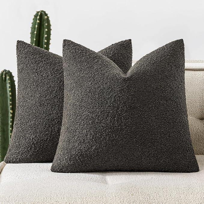 Woaboy Pack of 2 18x18 Inch Decorative Boucle Throw Pillow Covers Textured Square Pillowcaes Accent Solid Cozy Soft Cushion Covers Home Decor for Sofa Couch Living Room Home Decor,Dark Coffee